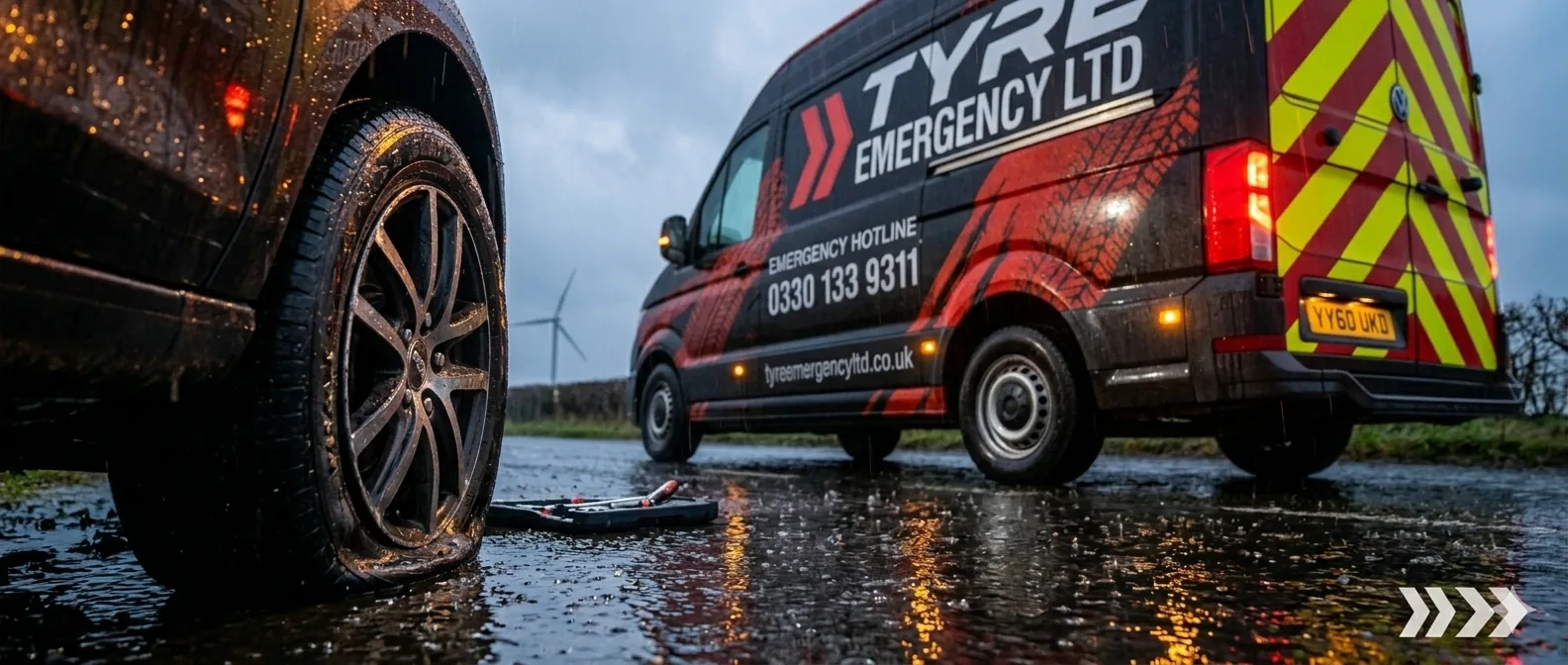 Tyre Emergency Ltd service van pulled up next to a car with a flat tyre on a wet roadside